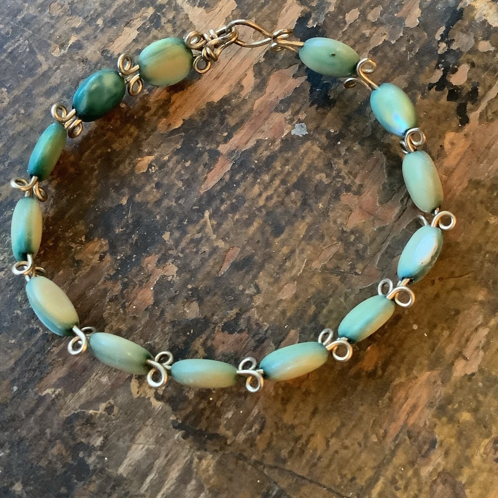 Vintage Teal Light Green Flat Bead Bracelet